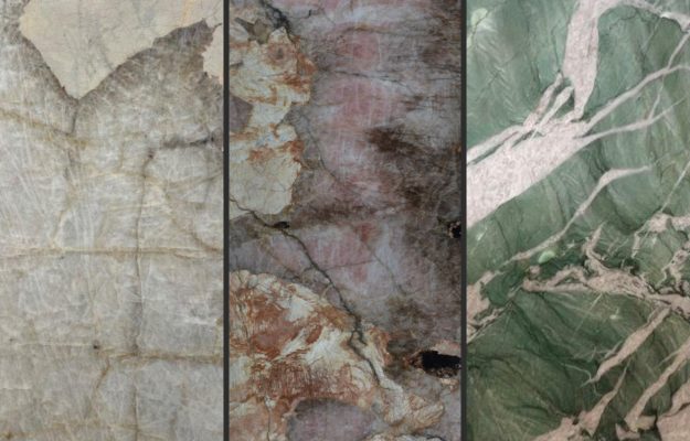 Unterschiedliche Maserungen von Granitarbeitsplatten in unterschiedlichen Farben.